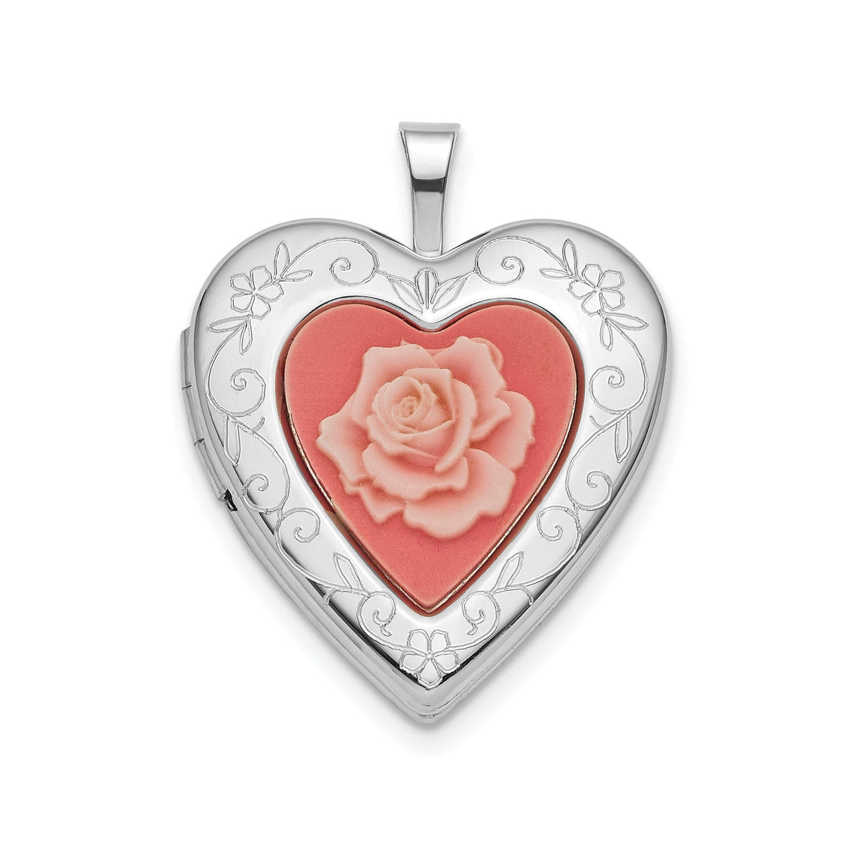 Sterling Silver Heart Locket Pendant with Pink Rose Cameo and Floral Scrollwork Design