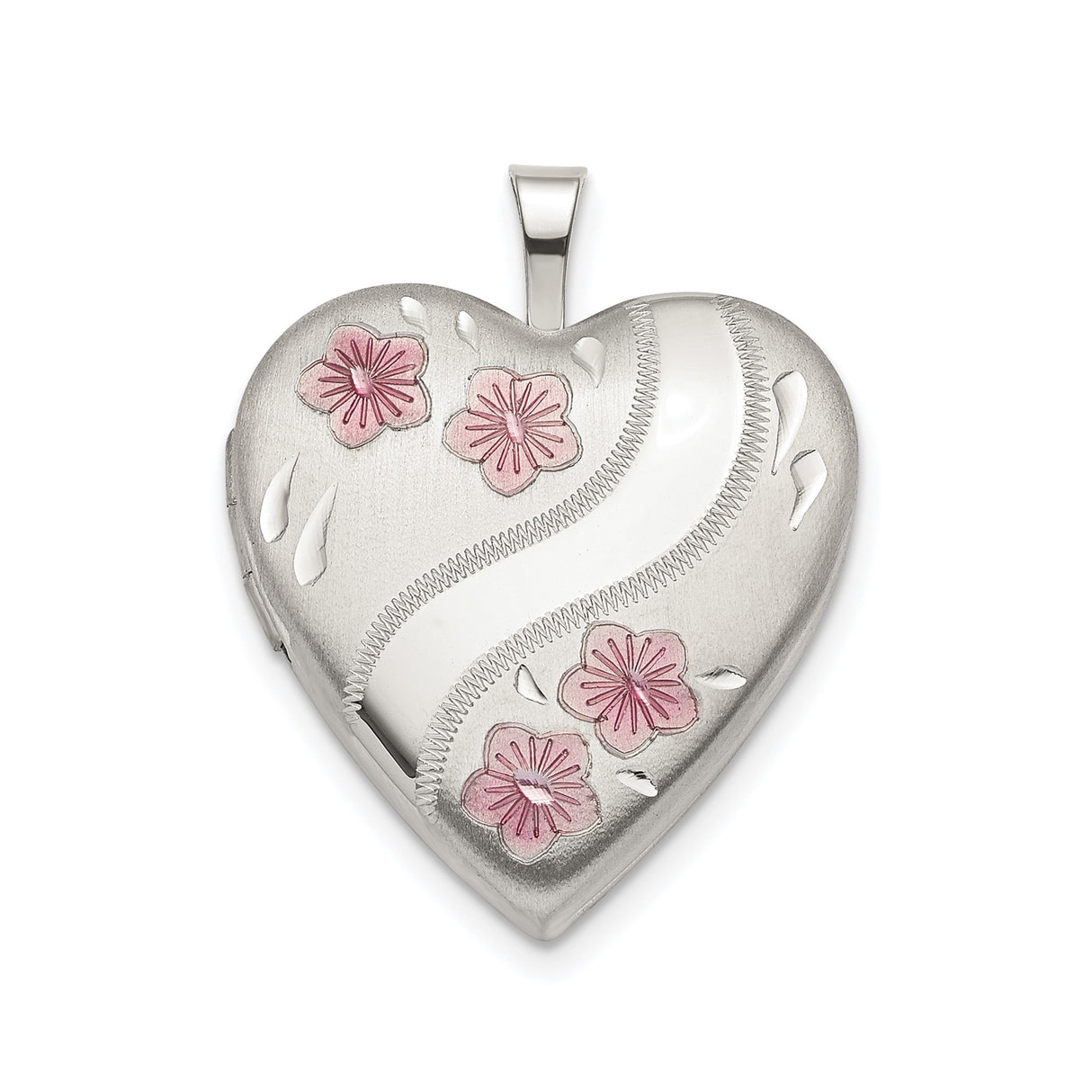Sterling Silver Heart Locket Pendant with Pink Flowers, Romantic Floral Keepsake Charm for Women