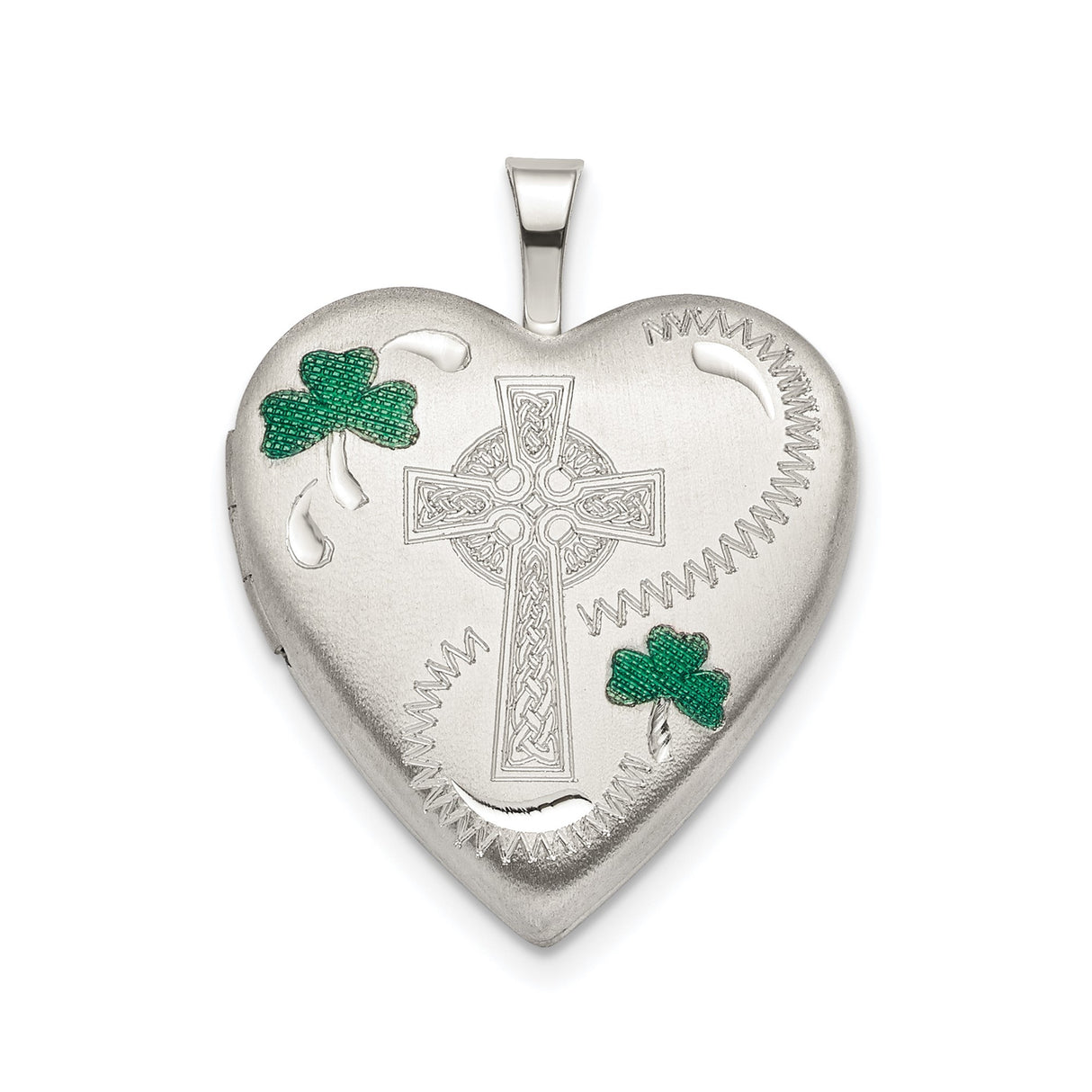 Sterling Silver Celtic Cross Pendant with Green Enamel Heart Locket Charm