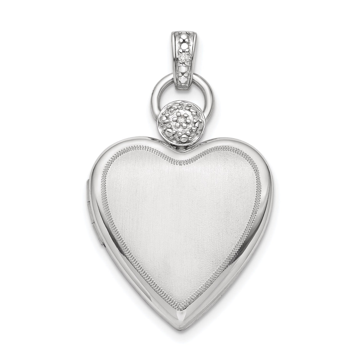 Sterling Silver Heart Locket Pendant with Diamond, Brushed Finish and Floral Bail Detail