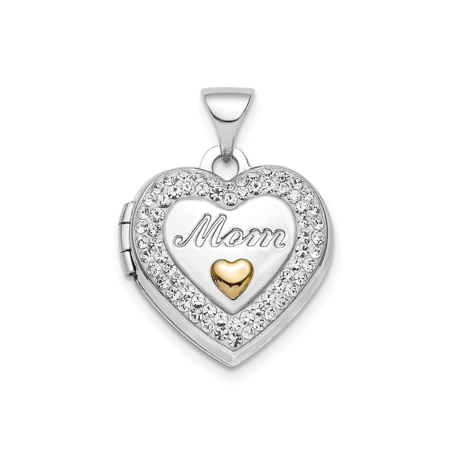 Sterling Silver Heart Locket Pendant with Crystal Accents and Gold Tone Heart, Mom Keepsake Jewelry