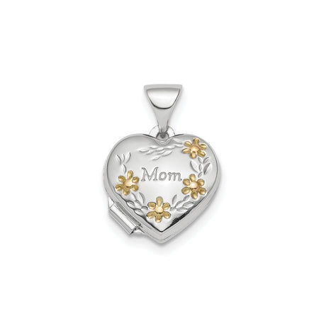 Sterling Silver Heart Shaped Mom Locket Pendant with Gold Tone Floral Accents