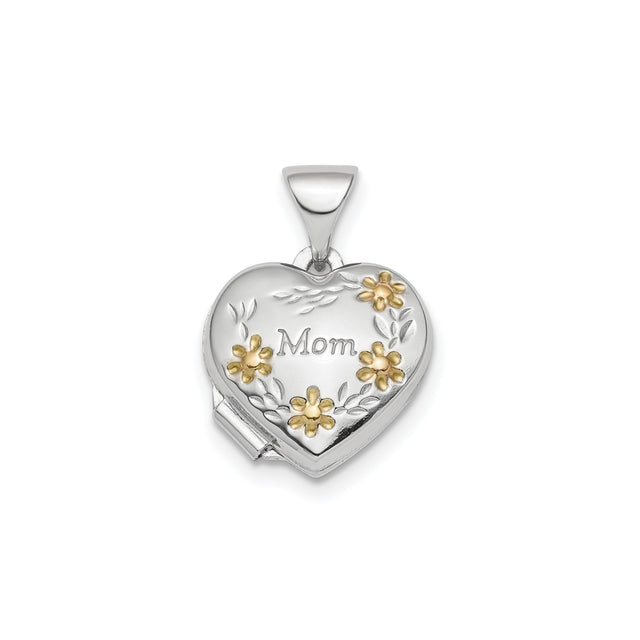 Sterling Silver Heart Shaped Mom Locket Pendant with Gold Tone Floral Accents