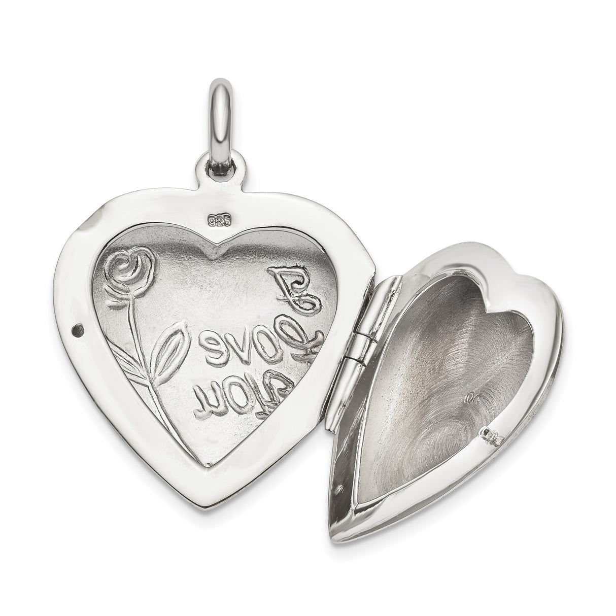 Sterling Silver Heart Locket Pendant with Rose Design and I Love You Inscription