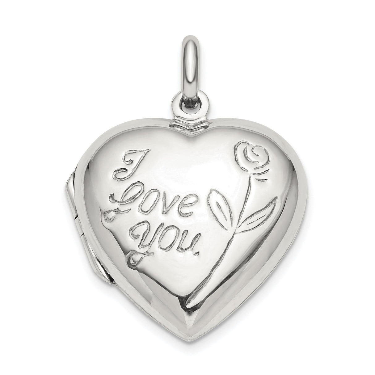 Sterling Silver Heart Locket Pendant with Rose Design and I Love You Inscription