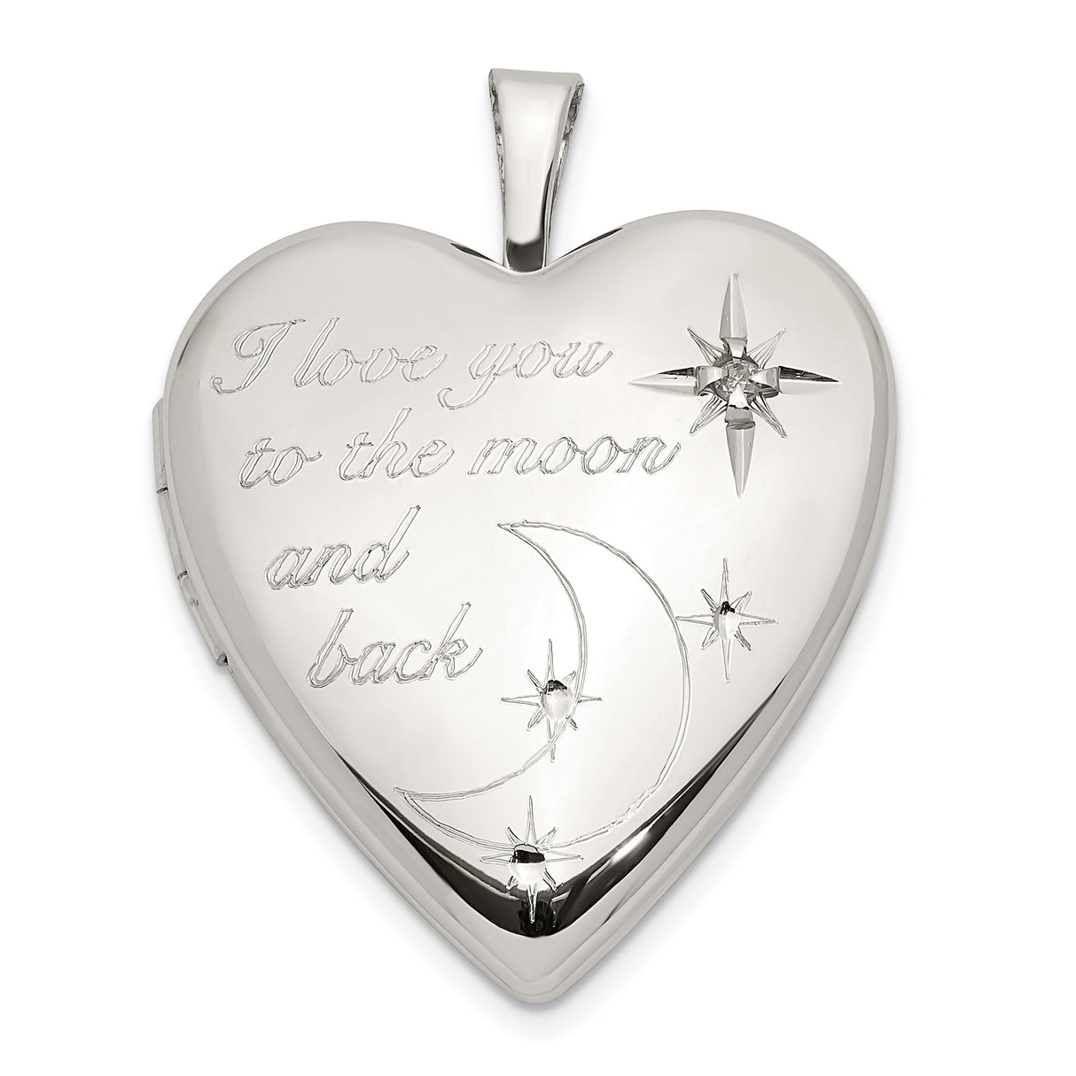 Sterling Silver Heart Locket with Diamond, Moon and Star Theme, I Love You to the Moon and Back