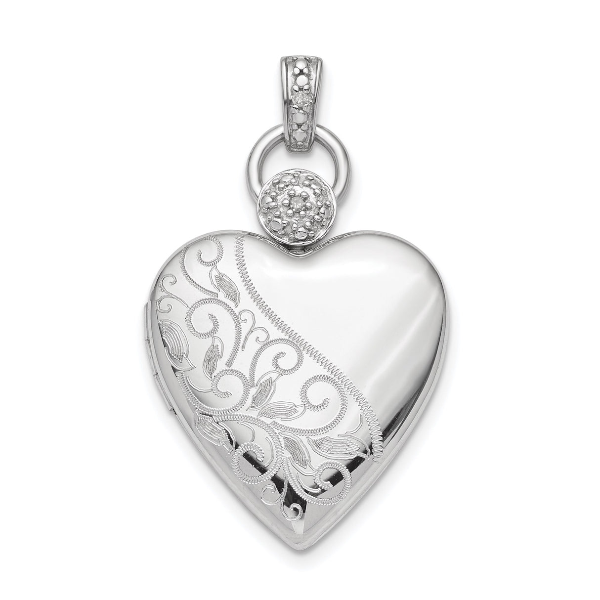 Sterling Silver Heart Locket Pendant with Diamond, Floral Scroll and Textured Detailing for Women