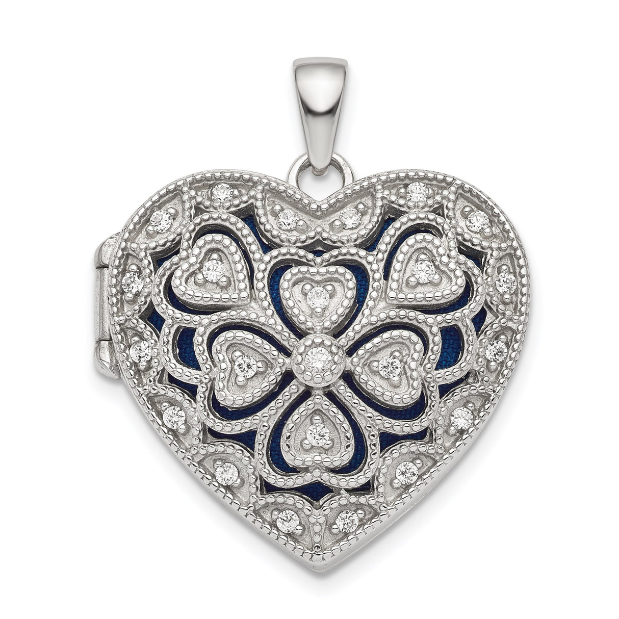 Sterling Silver Heart Shaped Locket Pendant with Cubic Zirconia and Filigree Floral Design