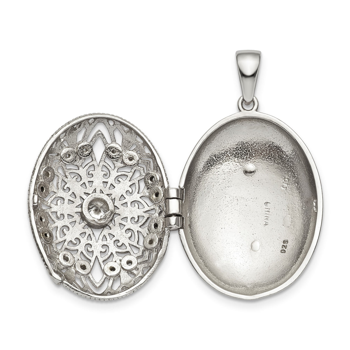 Sterling Silver Oval Locket Pendant with Cubic Zirconia, Filigree Floral Mandala Design