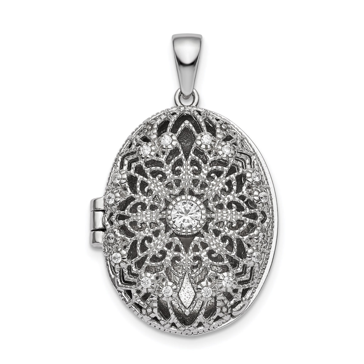 Sterling Silver Oval Locket Pendant with Cubic Zirconia, Filigree Floral Mandala Design