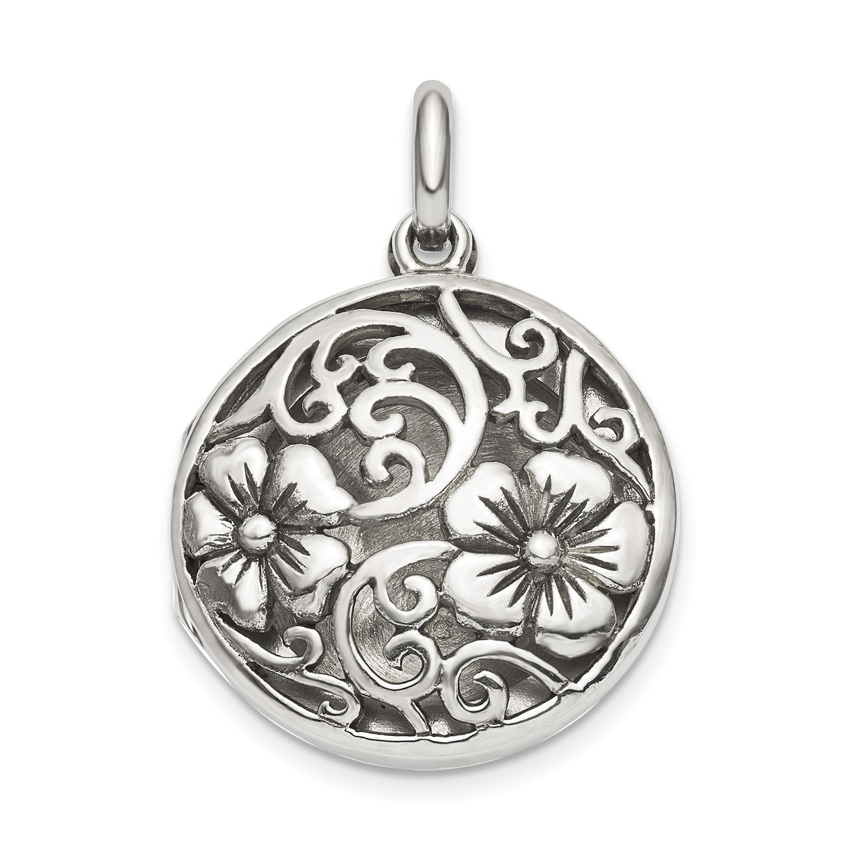 Sterling Silver Round Floral Pendant with Openwork Flower and Botanical Filigree Design