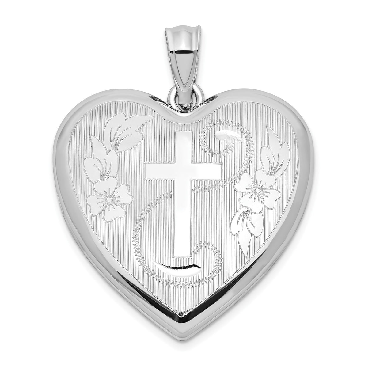 Sterling Silver Heart Locket Pendant with Christian Cross and Floral Accents