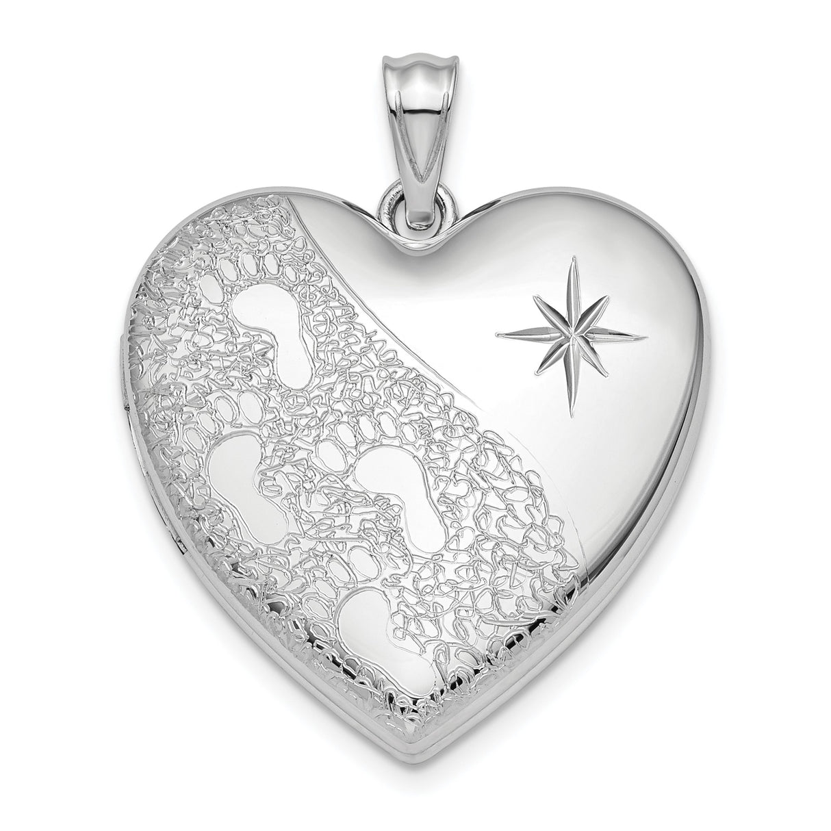 Sterling Silver Heart Locket Pendant with Footprints and Eight Point Star, Christian Memorial Jewelry