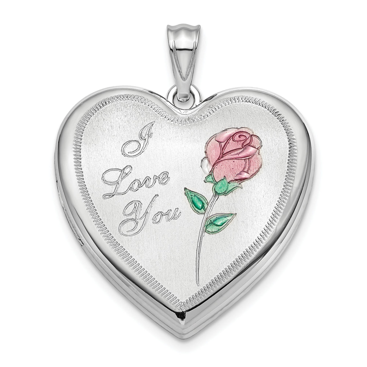 Sterling Silver Heart Locket Pendant with Pink Rose and I Love You Message