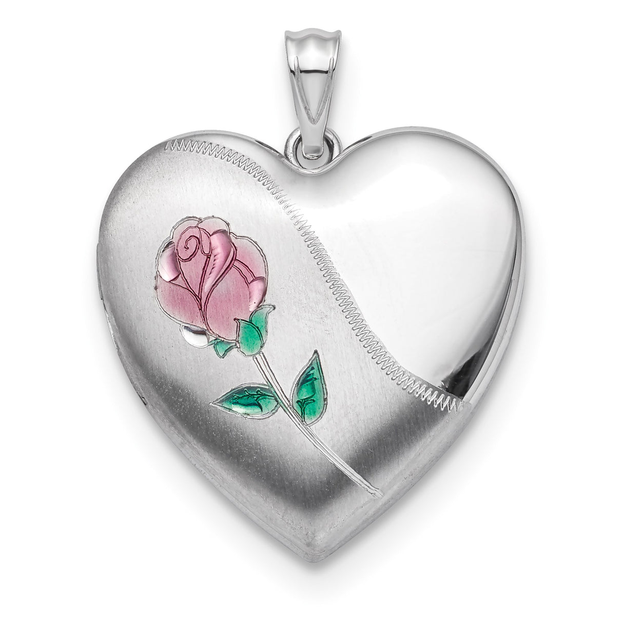 Sterling Silver Heart Locket Pendant with Enameled Pink Rose Design and Floral Detail