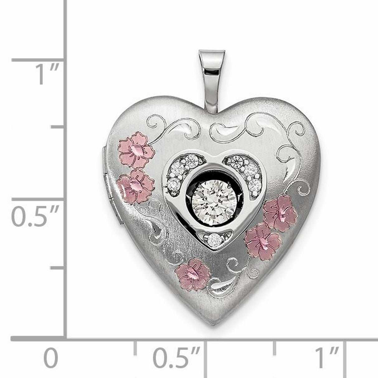 Sterling Silver Heart Locket Pendant with Cubic Zirconia, Pink Floral Enamel, Scroll Design
