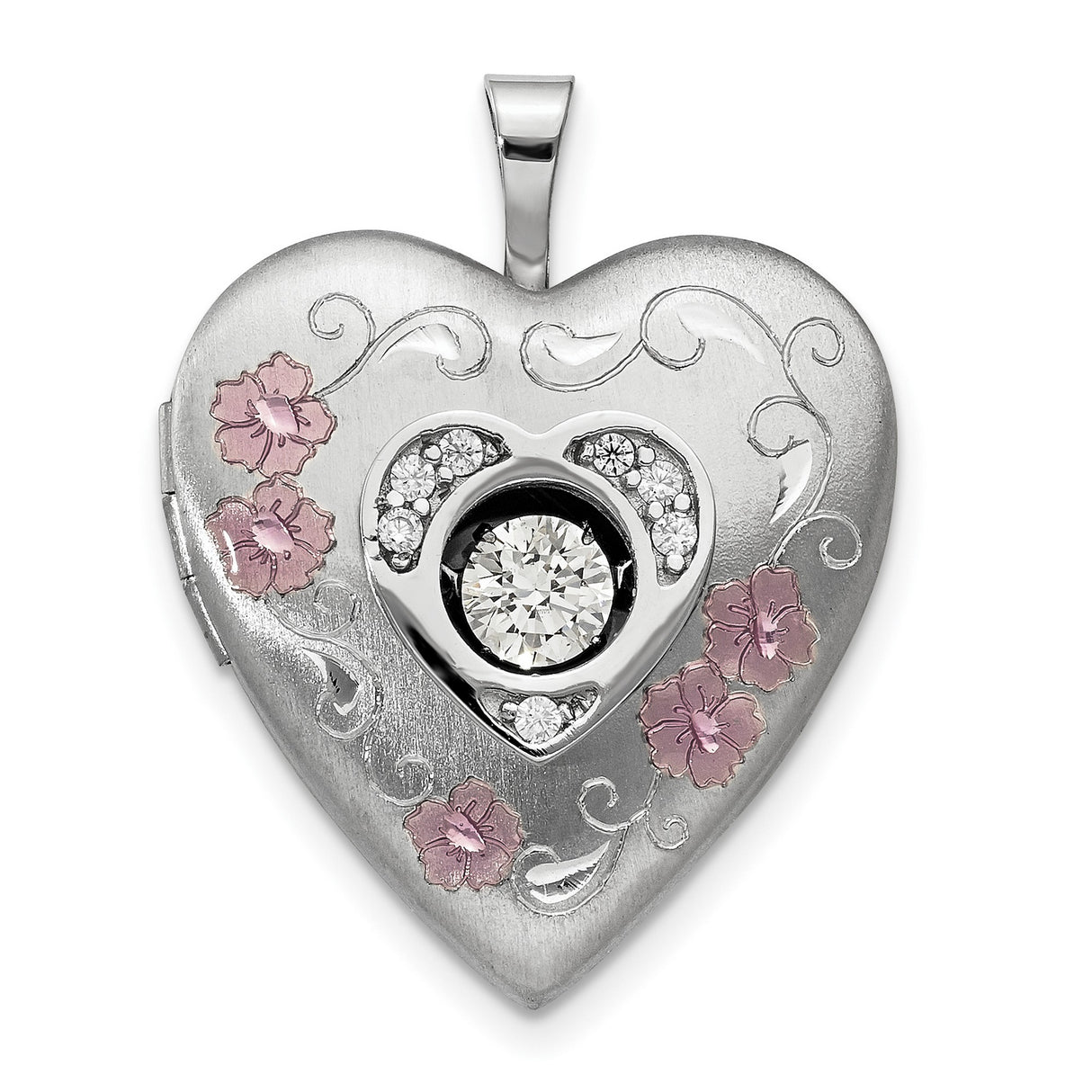 Sterling Silver Heart Locket Pendant with Cubic Zirconia, Pink Floral Enamel, Scroll Design