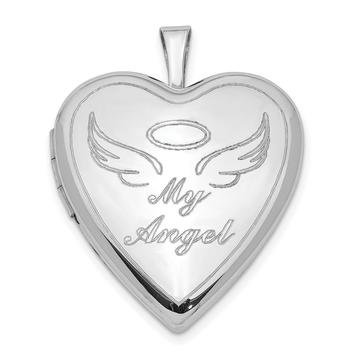 Sterling Silver Heart Shaped Angel Locket Pendant with Halo and Wings Engraving