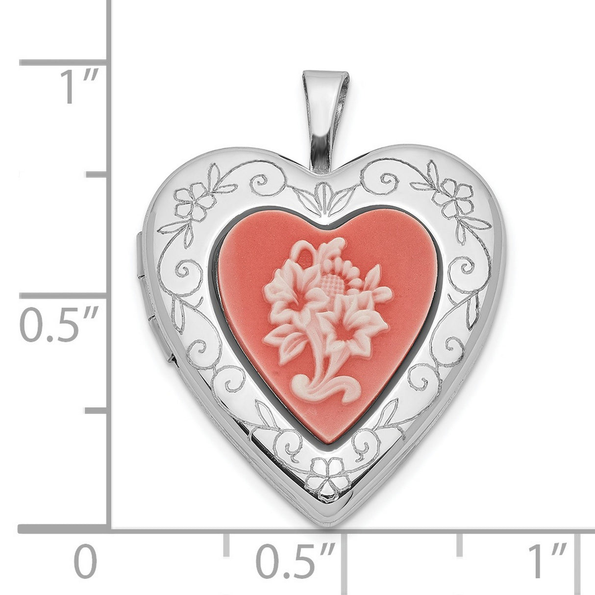 20mm Polished Pink Resin Cameo Flower Heart Locket Charm Pendant in Real 925 Sterling Silver