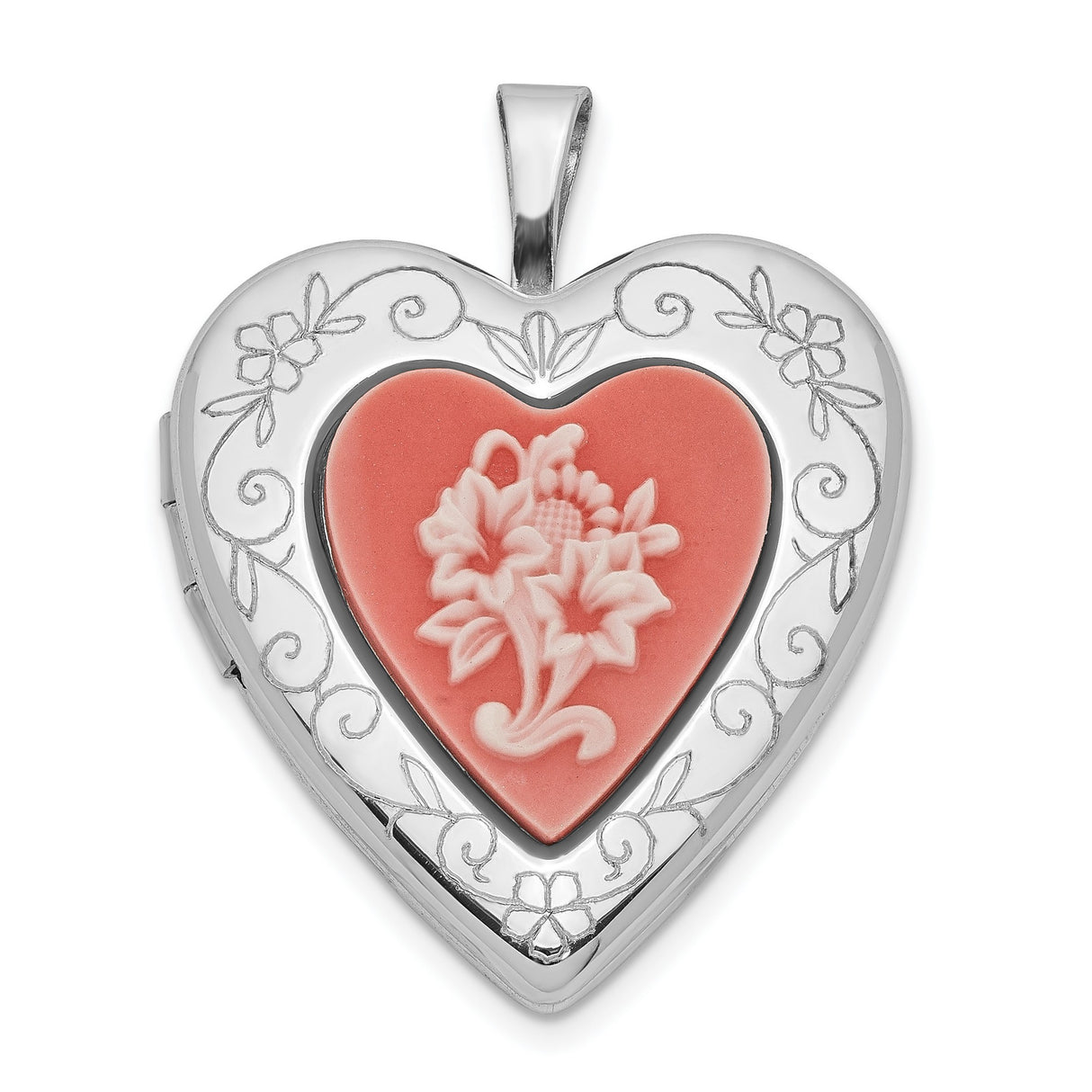 20mm Polished Pink Resin Cameo Flower Heart Locket Charm Pendant in Real 925 Sterling Silver
