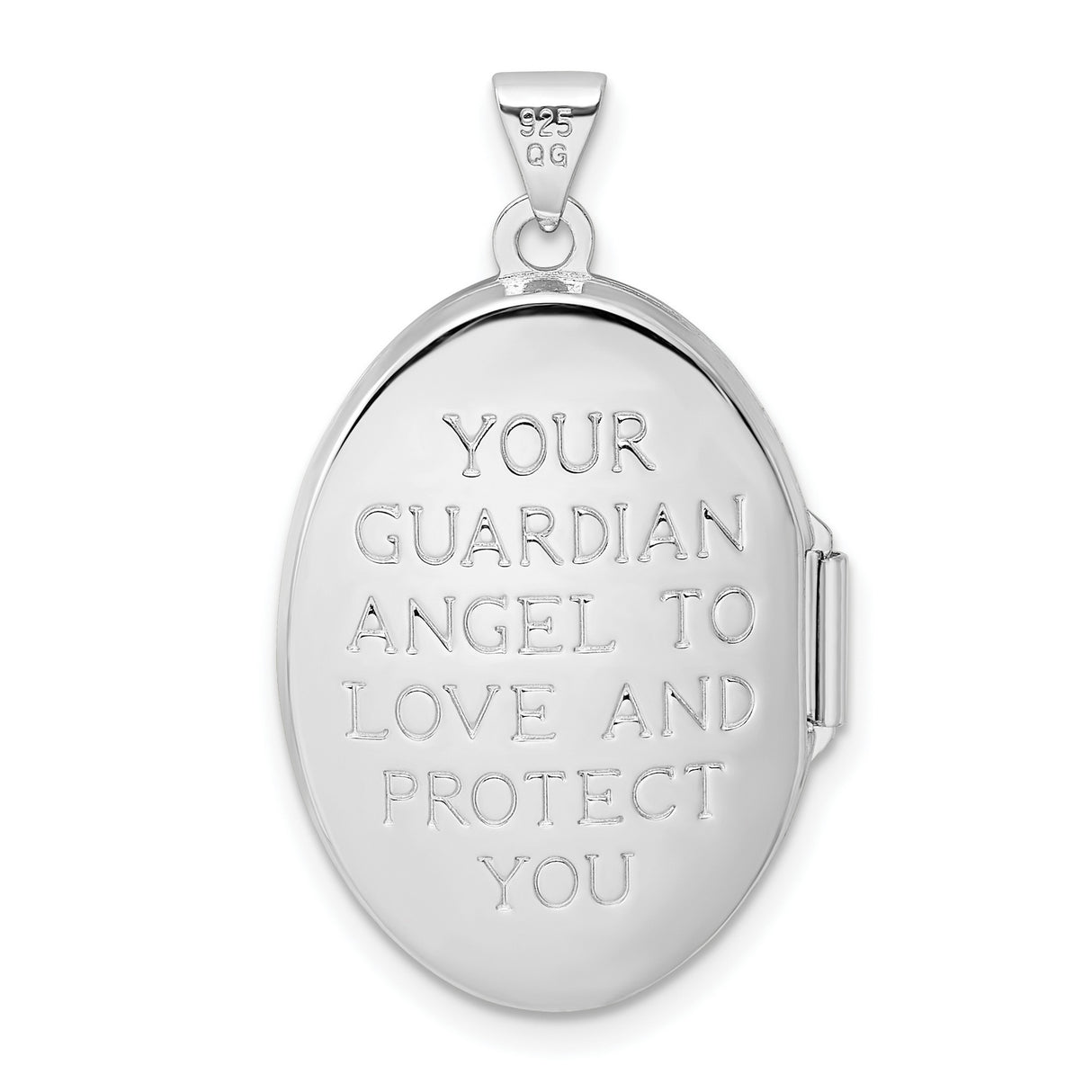 Sterling Silver Oval Locket with Diamond, Gold Tone Angel and Fleur de Lis Detail