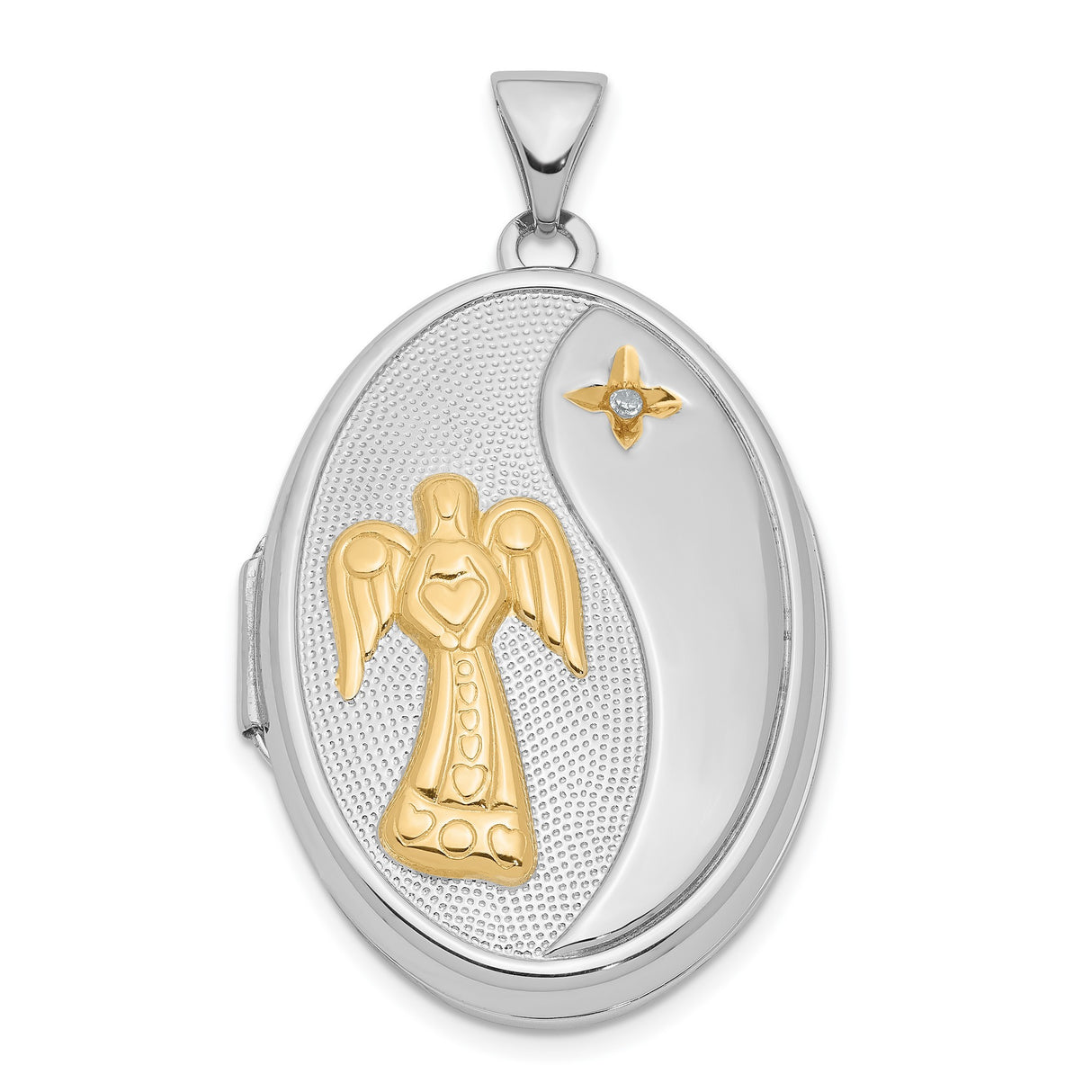 Sterling Silver Oval Locket with Diamond, Gold Tone Angel and Fleur de Lis Detail