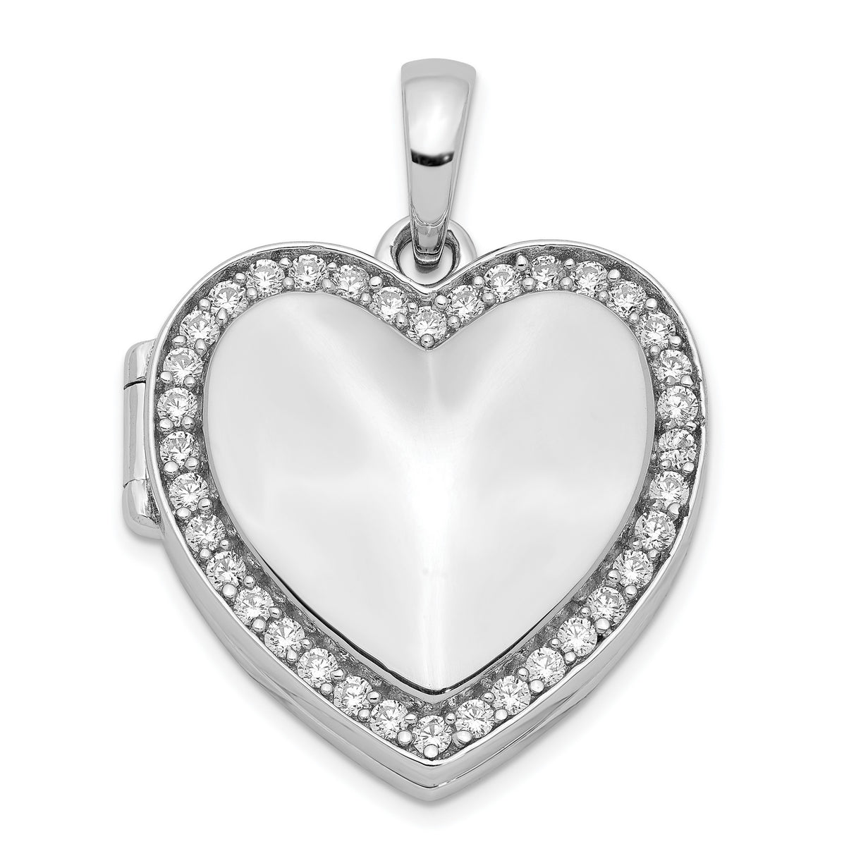 Sterling Silver Heart Locket Pendant with Cubic Zirconia Border and Polished Center