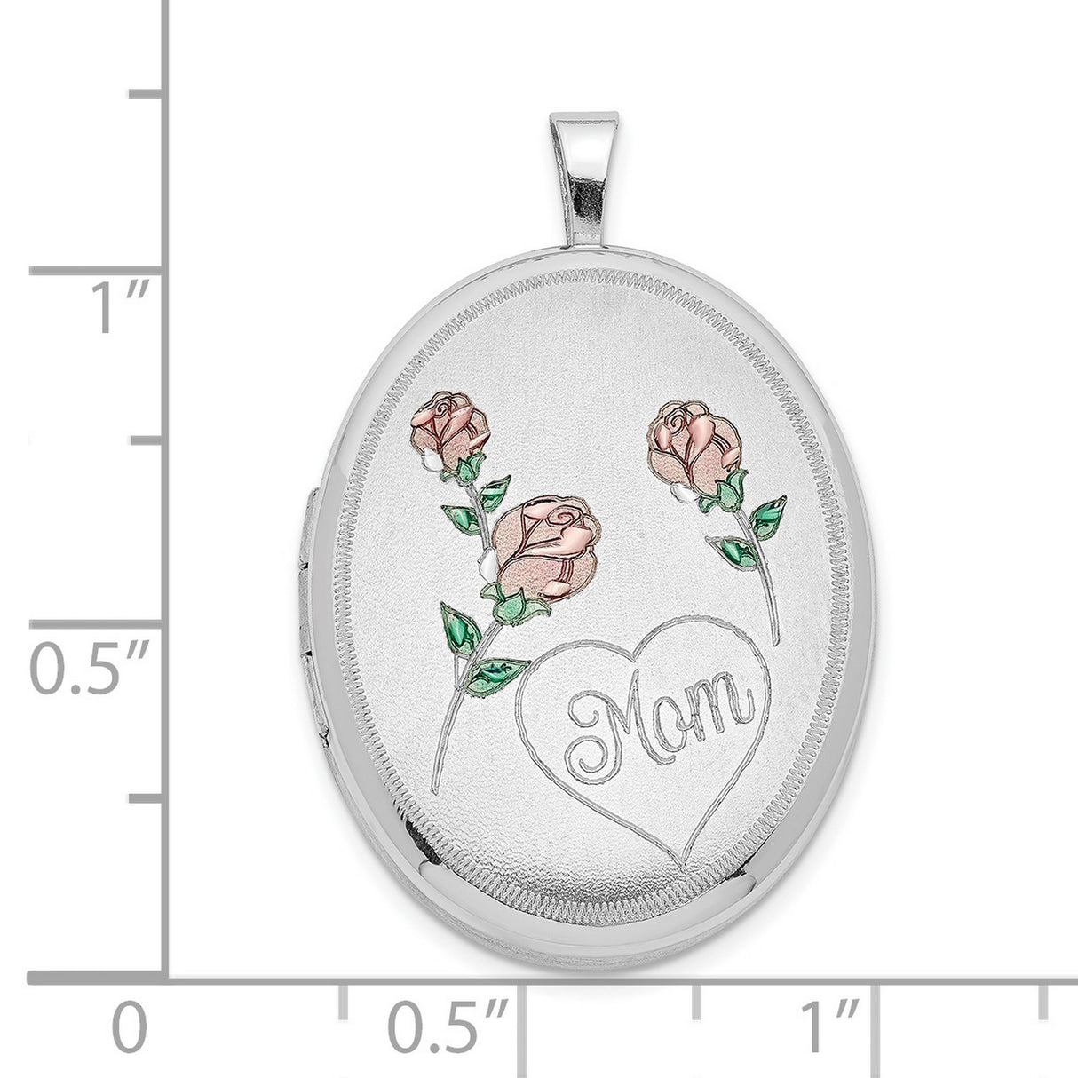 Sterling Silver Oval Locket Pendant with Pink Rose Engraving and Heart Mom Inscription