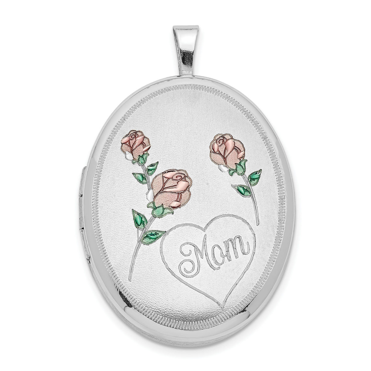 Sterling Silver Oval Locket Pendant with Pink Rose Engraving and Heart Mom Inscription