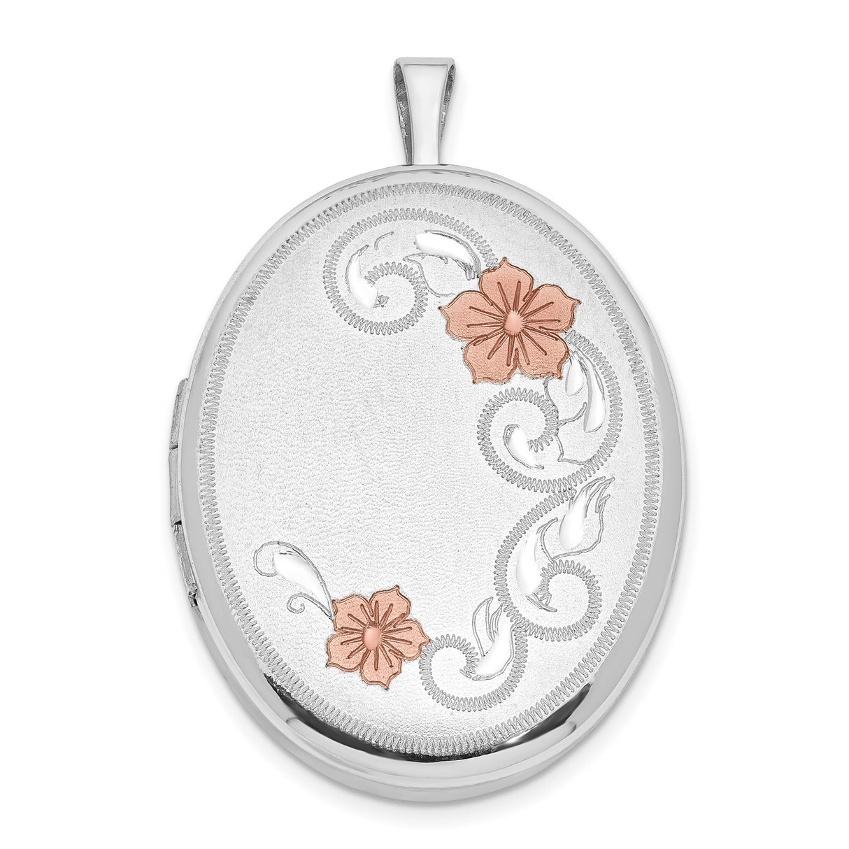 Sterling Silver Oval Locket Pendant with Rose Gold Floral Accents and Scrollwork