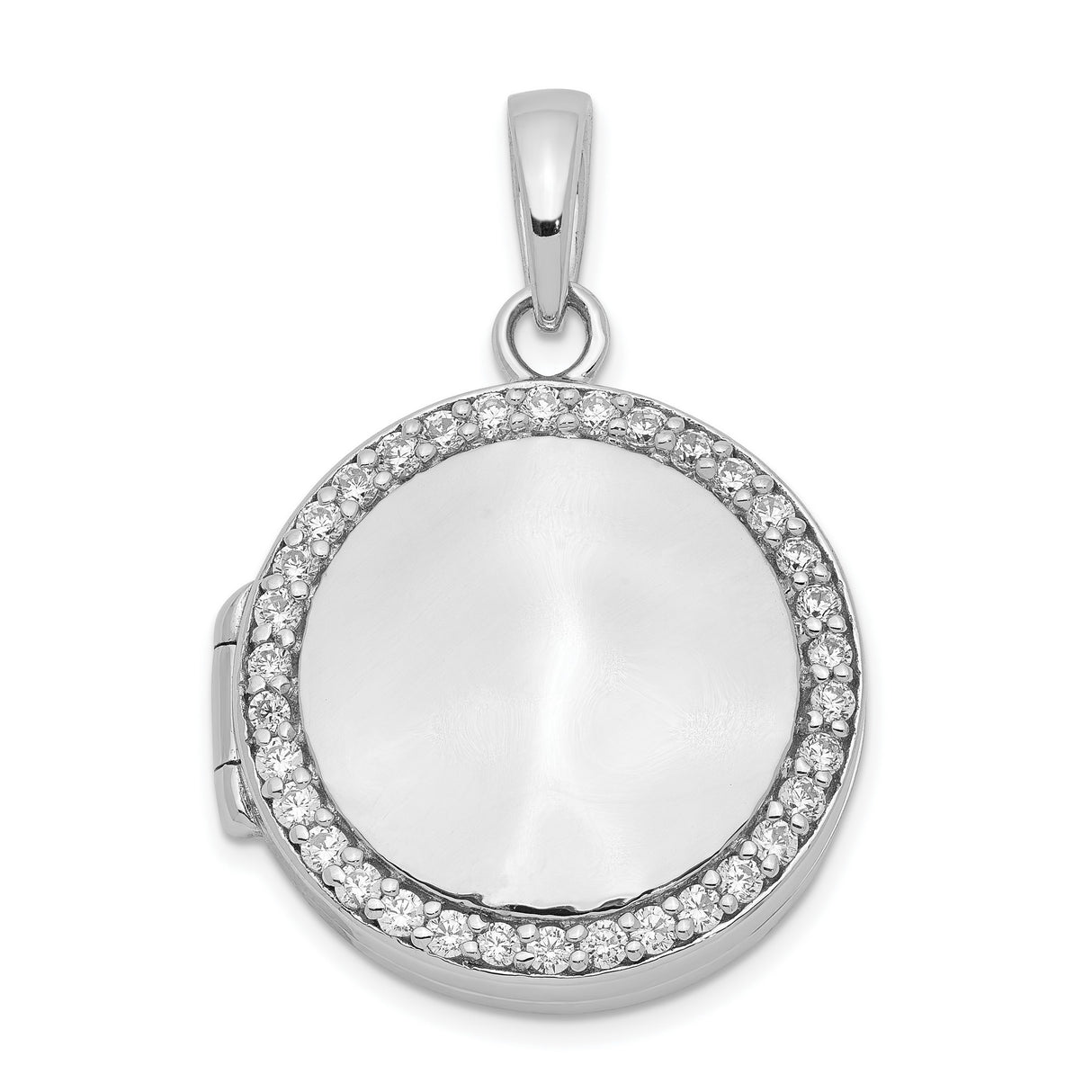Sterling Silver Locket Pendant with Cubic Zirconia Halo and Polished Round Center