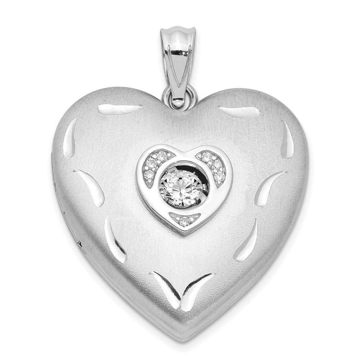 Sterling Silver Heart Locket Pendant with Cubic Zirconia and Diamond Accents