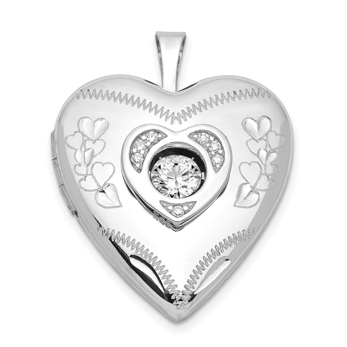 Sterling Silver Heart Locket Pendant with Cubic Zirconia and Diamond Accents