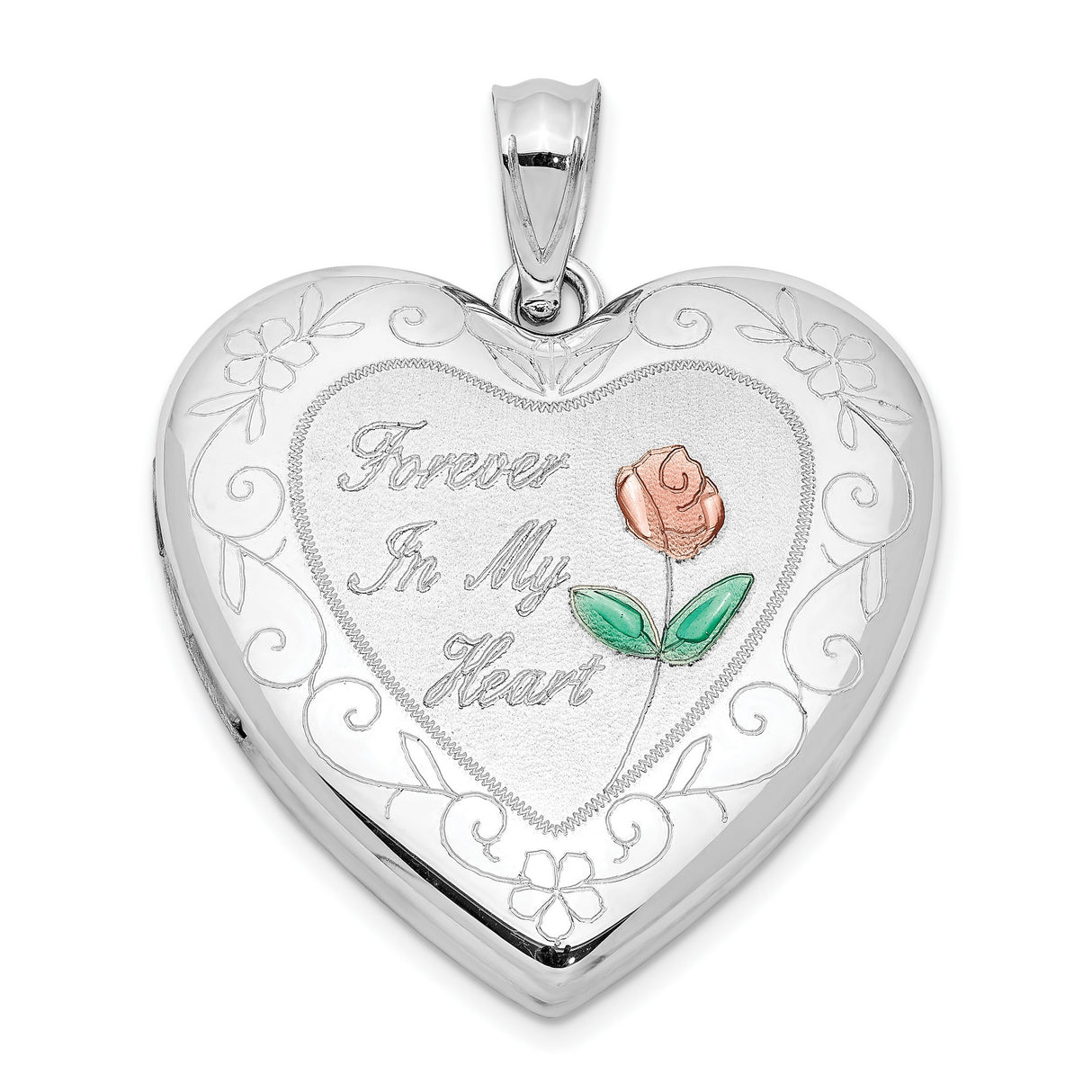 Sterling Silver Heart Locket Pendant with Rose and Forever in My Heart Engraving