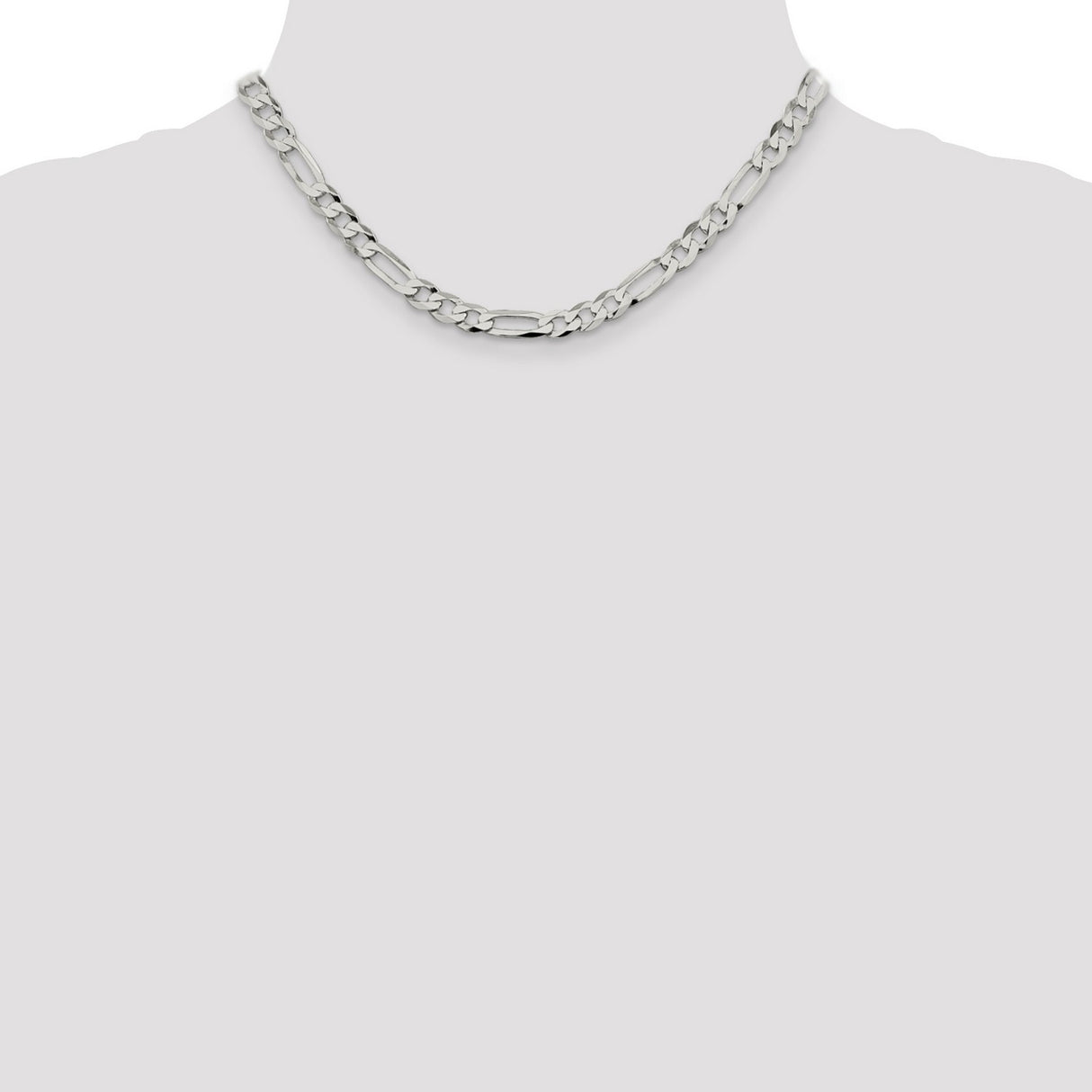 925 White Gold 7.5 mm Figaro Chain Necklace, Polished detail view
