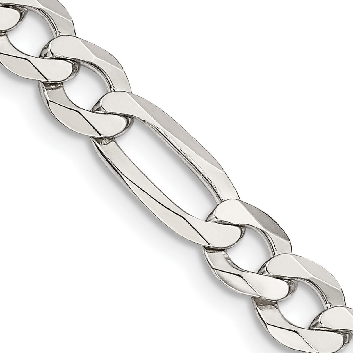 925 White Gold 7.5 mm Figaro Chain Necklace, Polished detail view