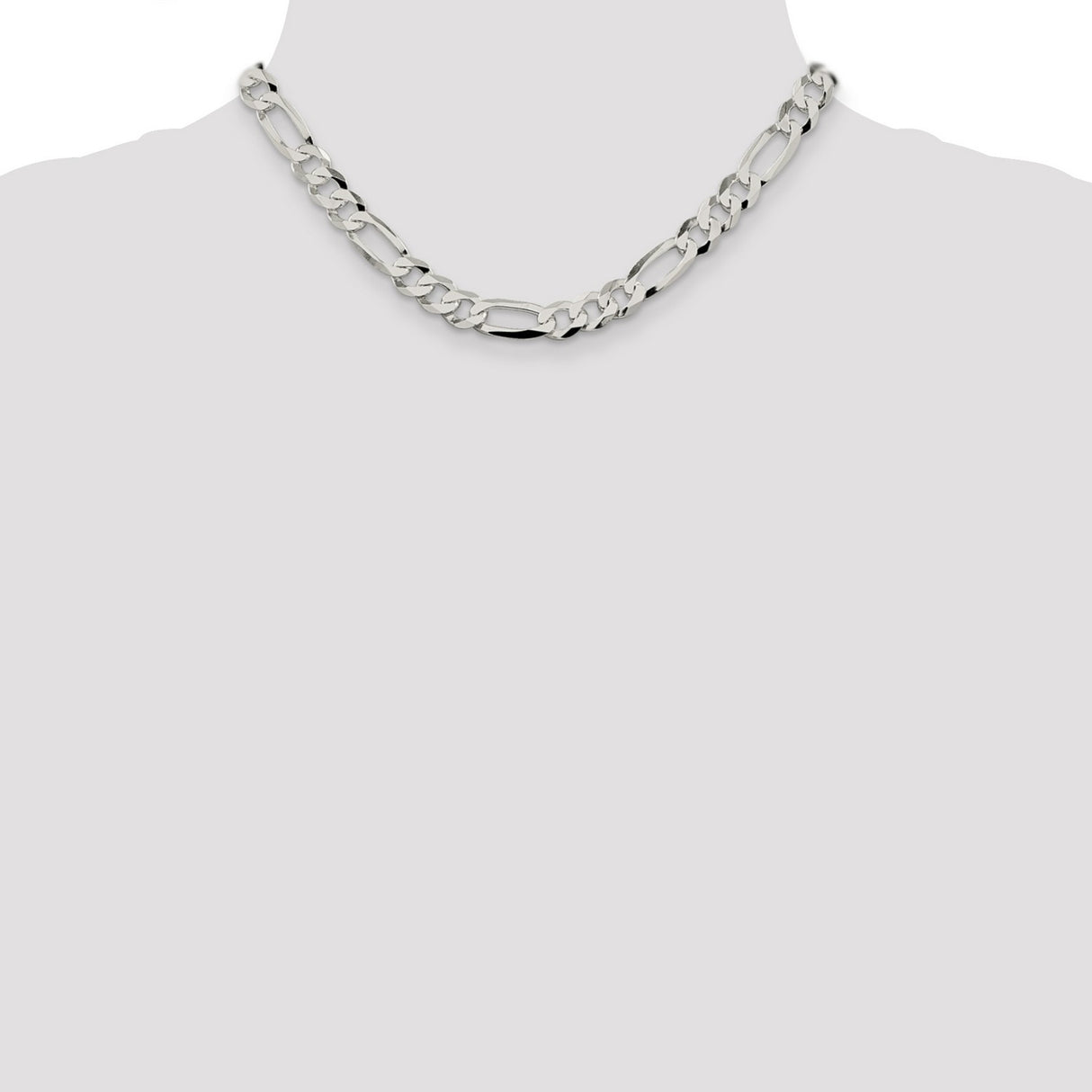 925 White Gold 8.5 mm Figaro Chain Necklace, Polished detail view