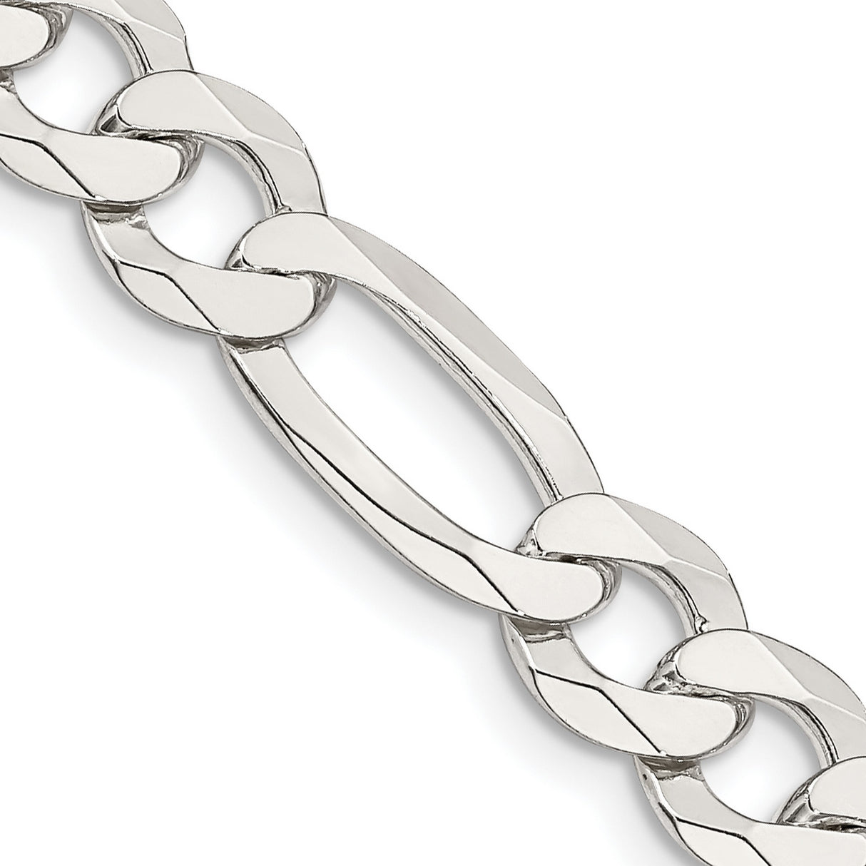 925 White Gold 8.5 mm Figaro Chain Necklace, Polished detail view