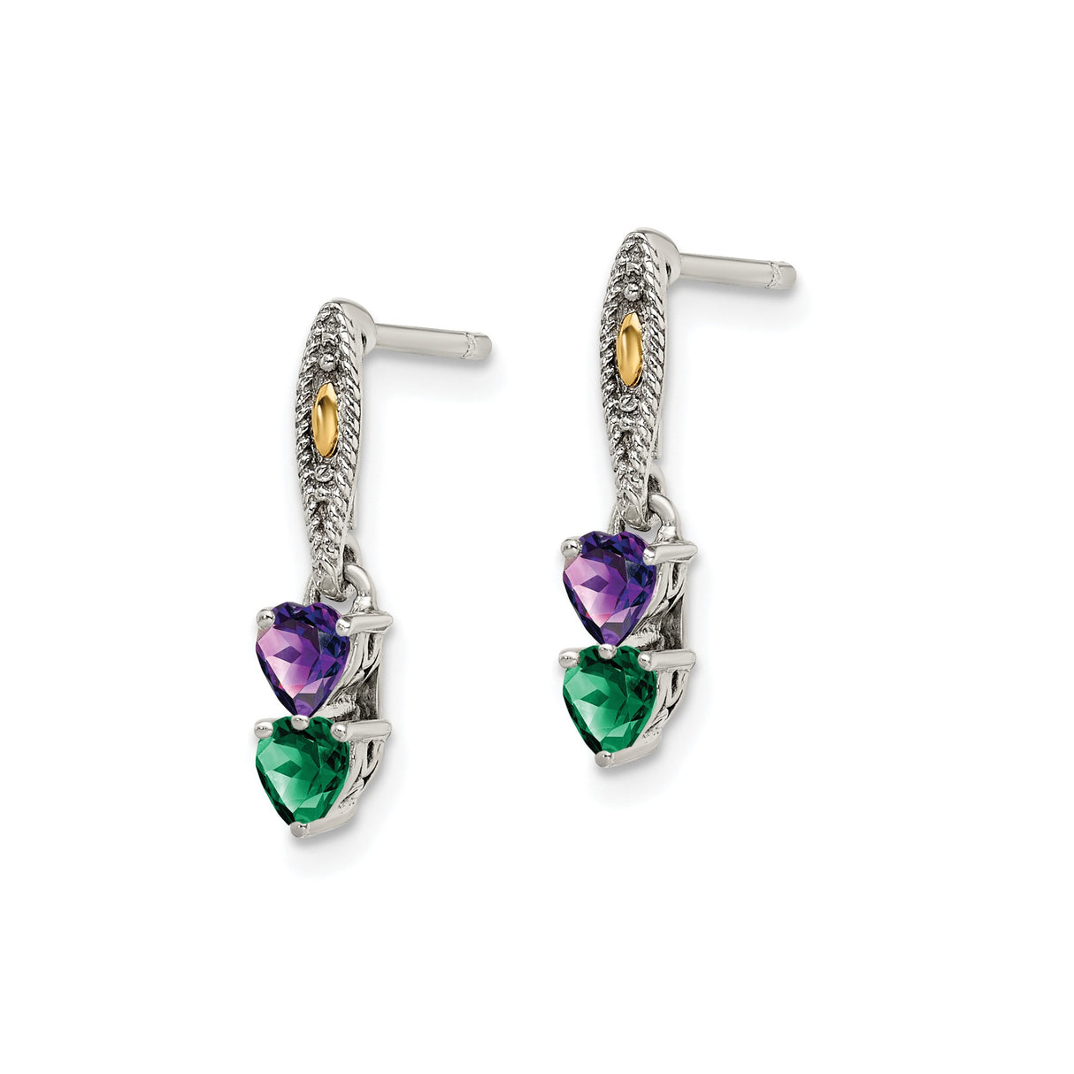 14k Two-Tone Yellow Gold Dangle Earrings with Green and Purple Heart Gemstones, Mom Charm