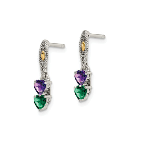 14k Two-Tone Yellow Gold Dangle Earrings with Green and Purple Heart Gemstones, Mom Charm