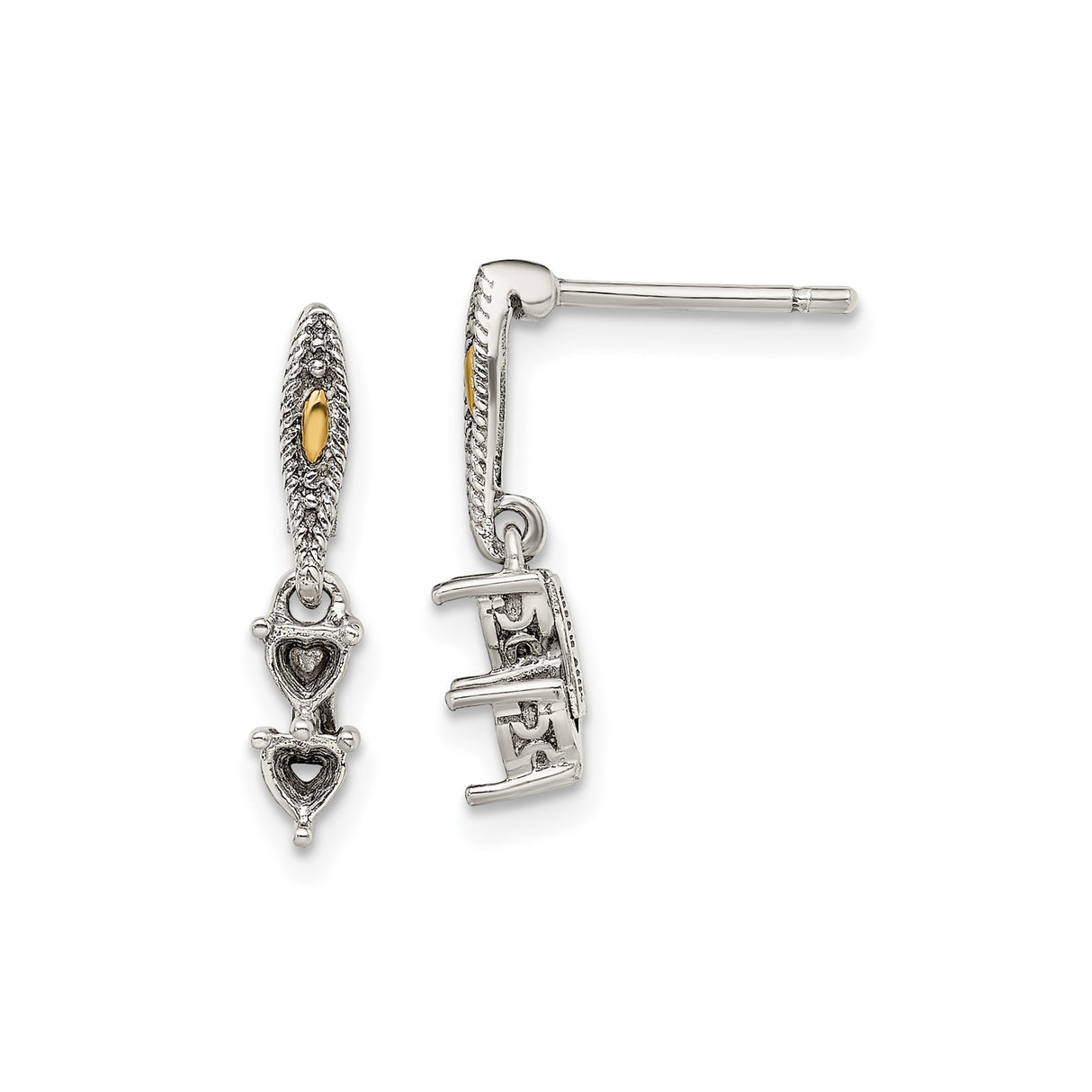 14k Two-Tone Yellow Gold Dangle Earrings with Green and Purple Heart Gemstones, Mom Charm