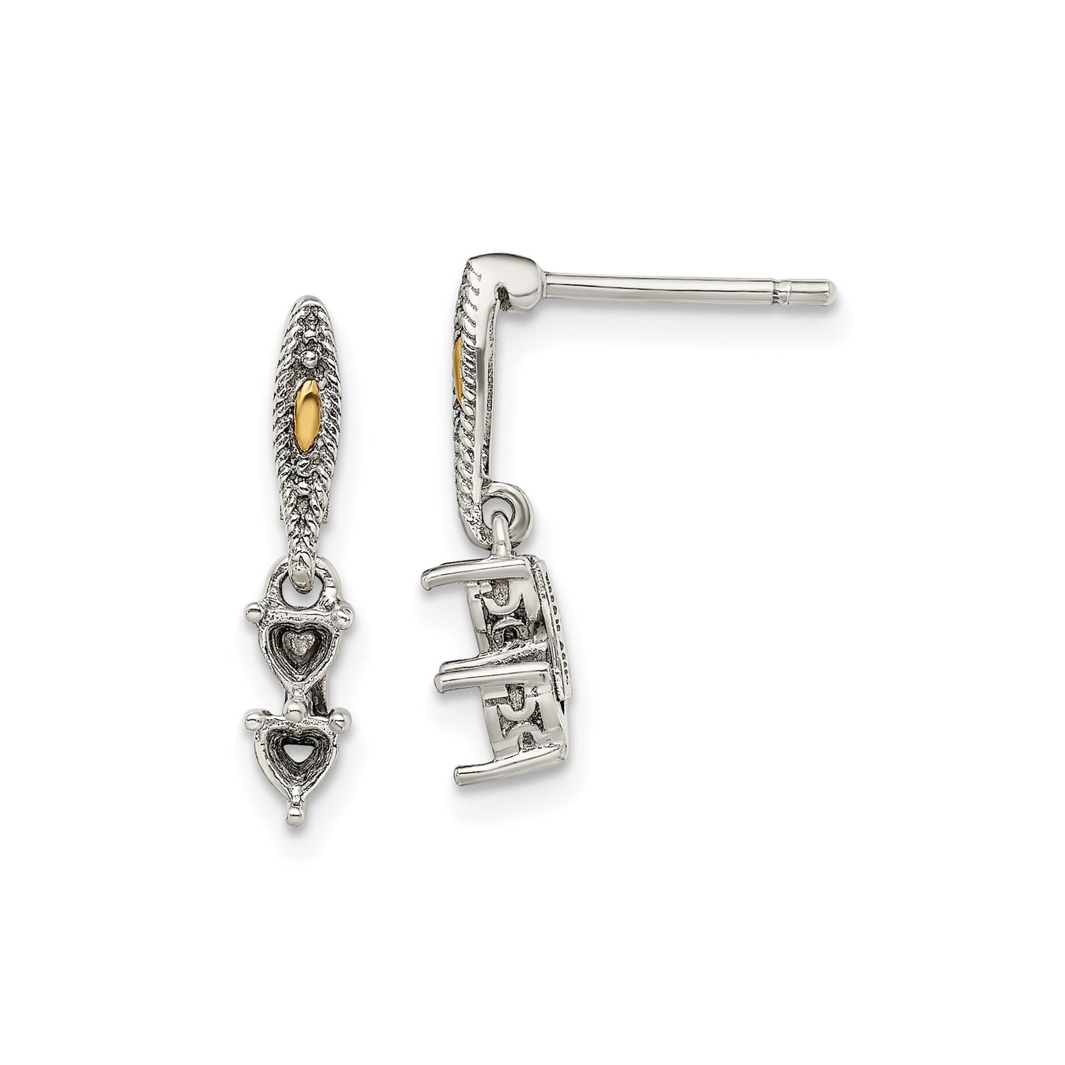 14k Two-Tone Yellow Gold Dangle Earrings with Green and Purple Heart Gemstones, Mom Charm