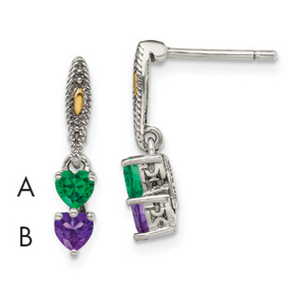 14k Two-Tone Yellow Gold Dangle Earrings with Green and Purple Heart Gemstones, Mom Charm