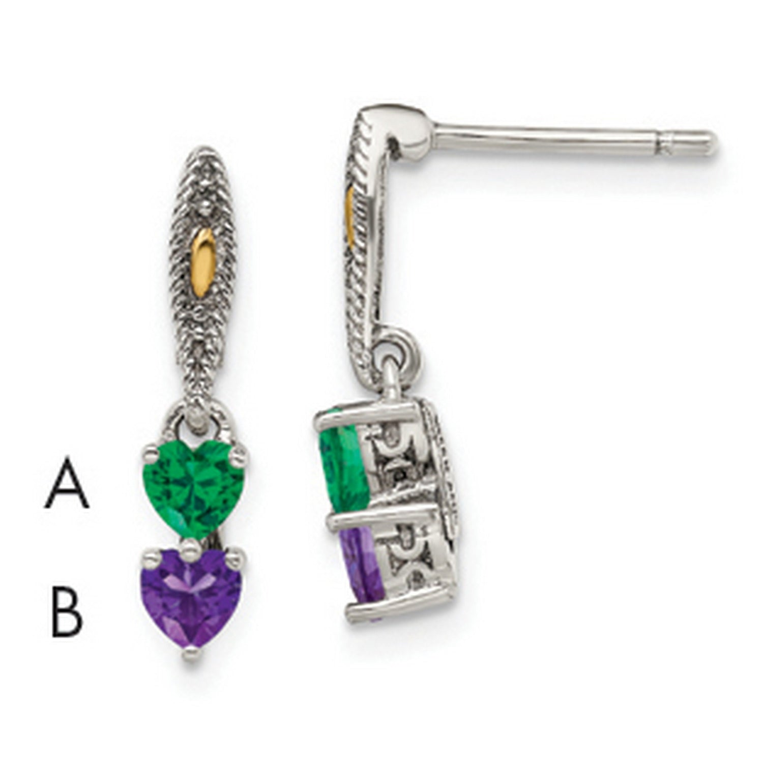 14k Two-Tone Yellow Gold Dangle Earrings with Green and Purple Heart Gemstones, Mom Charm