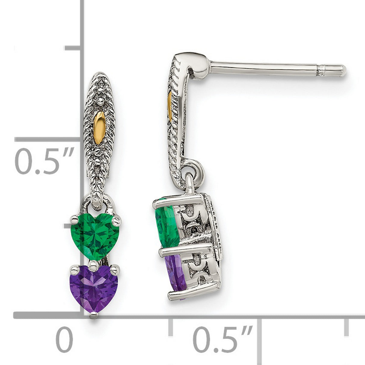 14k Two-Tone Yellow Gold Dangle Earrings with Green and Purple Heart Gemstones, Mom Charm