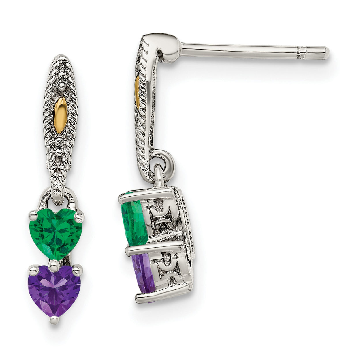 Sterling Silver and 14k Yellow Gold Dangle Earrings with Green and Purple Heart Gemstones, Mom Charm