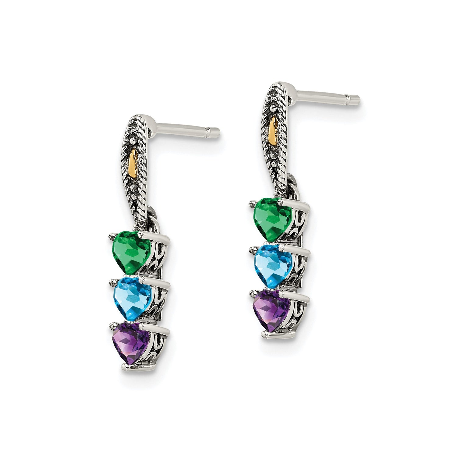 Two Tone Sterling Silver Drop Earrings with Green Amethyst, Blue Topaz, and Purple Amethyst Hearts