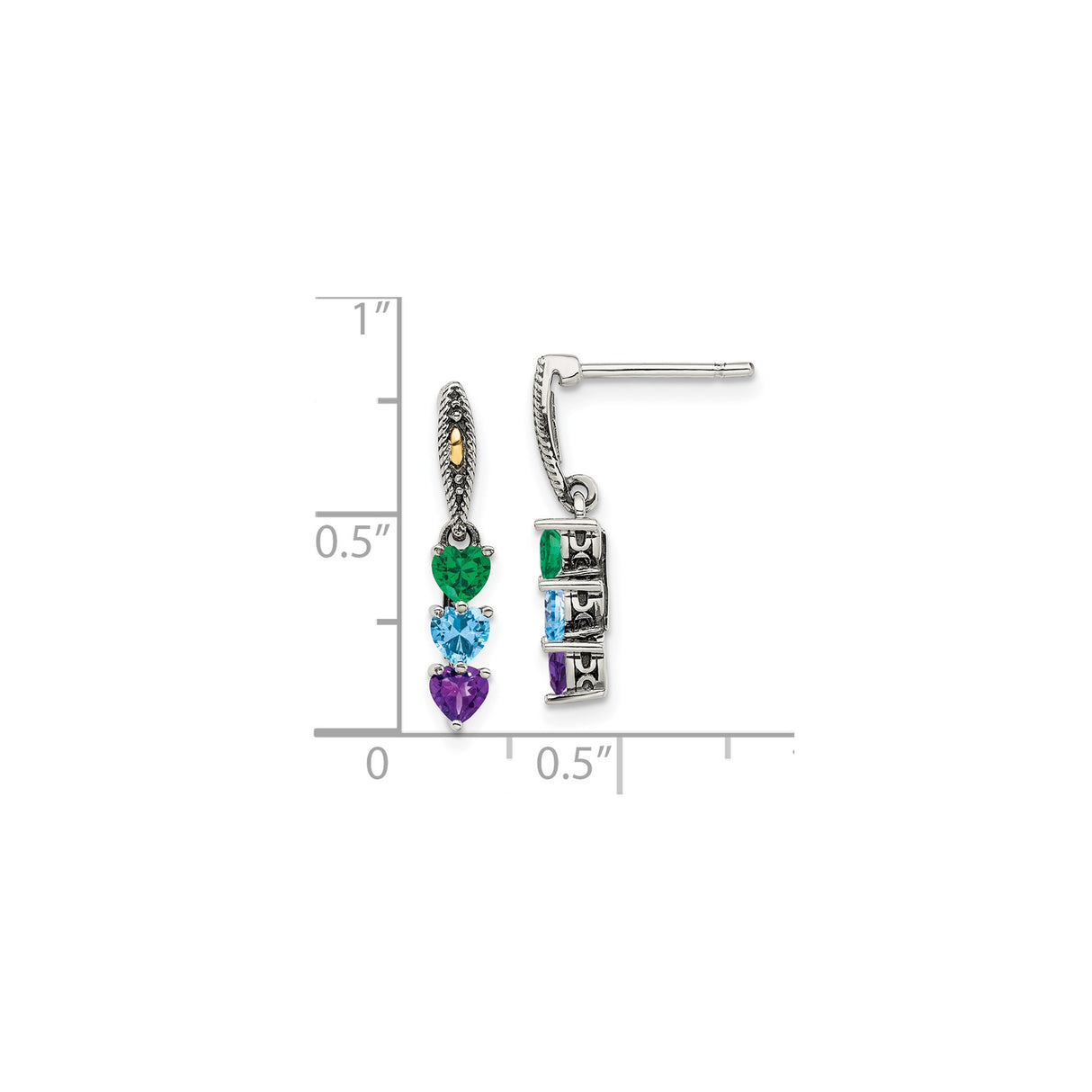 Two Tone Sterling Silver Drop Earrings with Green Amethyst, Blue Topaz, and Purple Amethyst Hearts