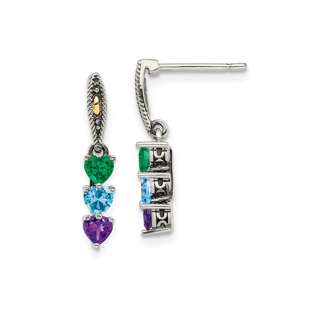 Two Tone Sterling Silver Drop Earrings with Green Amethyst, Blue Topaz, and Purple Amethyst Hearts