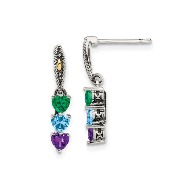Two Tone Sterling Silver Drop Earrings with Green Amethyst, Blue Topaz, and Purple Amethyst Hearts